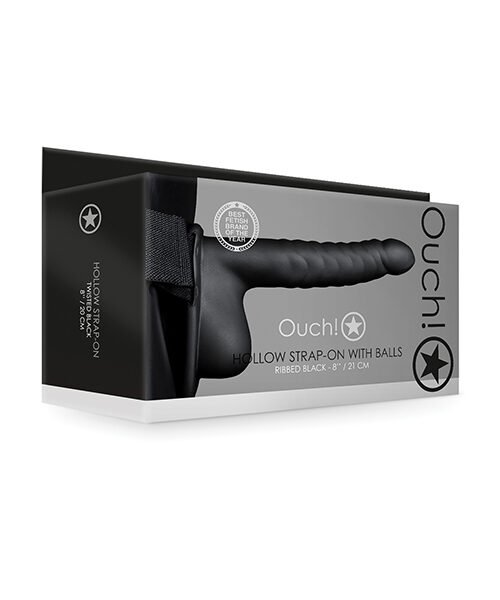 Shots Ouch 8" Ribbed Hollow Strap On w/Balls - Black